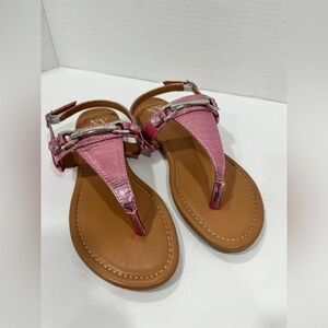 New York & Company Women's Pink and Tan Buckle Flat Round Toe Sandals
